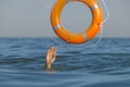 Drowning woman with raised hand getting lifebelt in sea Royalty Free Stock Photo