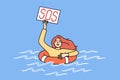 Drowning woman with sos sign uses lifebuoy, floating in water after falling overboard ship