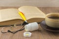 Drowsiness : caffeine pills near the pill box, old book, glasses