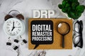DRP - Digital Remaster Processing acronym with alarm clock and magnifying glass, Data management concept background Royalty Free Stock Photo