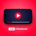 Vector illustration live stream concept with play button on smartphone screen for online broadcast, streaming service Royalty Free Stock Photo