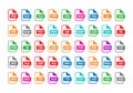 Vector illustration set of colorful flat ountline document labels and file types formats icons. PDF, MP3, TXT, XLS, PPT, CSV, MOV,