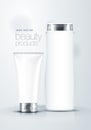 3d mock up vector illustration cosmetics product of white blank cream tube and shampoo bottle with silver lid design, packaging te