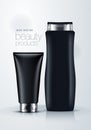 3d mock up vector illustration cosmetics product of black blank cream tube and shampoo bottle with silver lid design, packaging te Royalty Free Stock Photo