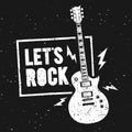 Vector Illustration Lets Rock Music Print Graphic Design with Guitar. Vintage Stamp Label. T-Shirt Lettering Artwork With Grunge