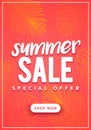 Vector illustration Colorful Summer Sale Banner Template With Tropical Palm Leaves Pattern. Royalty Free Stock Photo