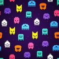 Vector Illustration seamless 8bit pixel monsters pattern. Retro game monster texture. Royalty Free Stock Photo