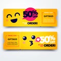 Vector Illustration Gift Voucher Template With Coupon Code With Cute Happy Kawaii Emoji.