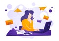 Vector illustration business women sit on laptop, check and send emails. Email service concept.