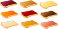 Vector illustration of various toast breads with different spreads like jam , butter and peanut butter