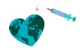 Heart shaped earth with medical syringe. Virus infection of the planet.