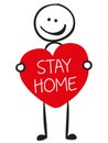 Stick figure with red heart and message Stay home