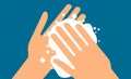 Washing hands illustration with soap and foam. Vector illustration of hands in front a blue background. Covid-19 prevention. Clean