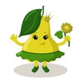 Cute smiling pear girl with crown, skirt and High heel shoes holding flower.