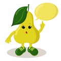 Cute thoughtful or surprised pear with sneakers and speech bubble holds index finger up.