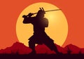 Vector Illustration Sillhouette Of Samurai Worrior With Sword On Sunset Backgound Royalty Free Stock Photo