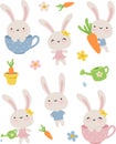 Cute white spring bunnies gardening with carrots and flowers