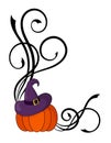 Decorative angle border with pumpkin, witch hat and swirl pattern.
