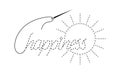 Silhouette of embroidered inscription `happiness` and sun with interrupted contour.