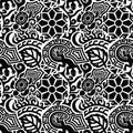 Black tribal tattoo seamless pattern in maori style with turtle, sun or flower, leaf, moon and lizard on white background.