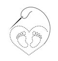 Silhouette of swan or stork formed from embroidered heart, thread and sewing needle and baby feet.