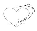 Silhouette of embroidered heart with thread, sewing needle and inscription `love`.