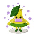 Cute kawaii pear girl with crown, skirt and medical mask surrounded by viruses.