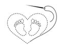 Silhouette of swan or stork formed from embroidered heart, thread and sewing needle and baby feet. Royalty Free Stock Photo