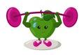 Cute strong apple athlete with sneakers and barbell.