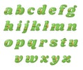 Set of decorative green cartoon kawaii letters with faces and hair.