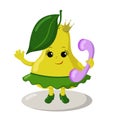 Funny smiling cute kawaii pear girl with high heels, crown and skirt holding a phone.