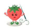 Funny smiling cute kawaii strawberry tailor with sneakers holding sewing needle.