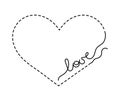 Silhouette of embroidered heart with thread and inscription `love`.