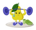 Cute strong pear athlete with sneakers, barbell, shake drink and towel.