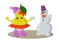 Funny smiling cute kawaii pear girl with winter shoes, skirt, hair bow and warm hat making a snowman