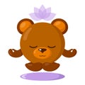 Funny cute kawaii meditating bear with lotus flower over head and round body in flat design with shadows.