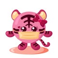 Funny cute kawaii tiger with round body and protective medical face mask in flat design with shadows