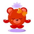 Funny cute kawaii meditating bear with lotus flower over head and round body