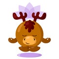 Funny cute kawaii meditating moose or deer with lotus flower over head and round body