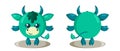 Funny cute kawaii bull with round body in flat design with shadows, front and back.