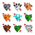 Set of cute animal hearts with 3D effect