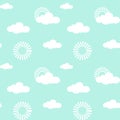 Seamless pattern with white clouds and sun on blue background Royalty Free Stock Photo