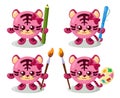 Set of funny cute kawaii tiger with round body, pencil, pen, brush and palette in flat design with shadows.