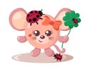 Funny cute smiling mouse with round body and lady bugs holding four-leaf good luck clover