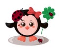 Funny cute smiling penguin with round body and ladybugs holding four leaf good luck clover in flat design with shadows