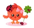 Funny cute chick with round body and ladybugs holding four-leaf good luck clover in flat design with shadows. Royalty Free Stock Photo