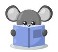 Funny cute kawaii mouse reading book in flat design with shadows Royalty Free Stock Photo