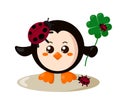 Funny cute smiling penguin with round body and ladybugs holding four leaf good luck clover in flat design with shadows.