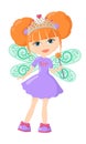 Funny cute little fairy girl Polina with crown, wings, magic wand and purple dress