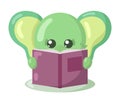 Funny cute kawaii elephant with book in flat design with shadows